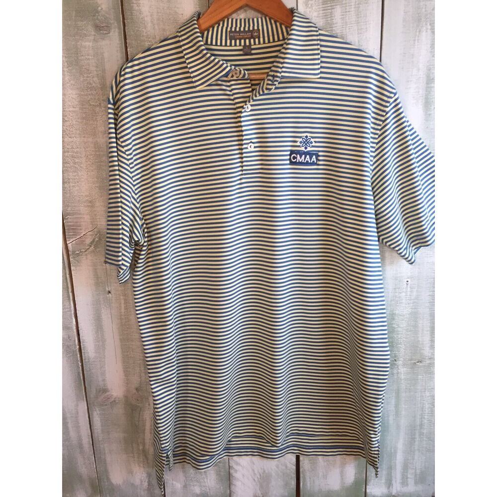 Peter Millar Polo Shirt Summer Comfort Blue Yellow Stripe Stretch L Performance